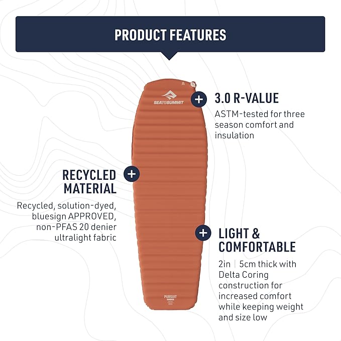 Sea to Summit Pursuit Self-Inflating Sleeping Mat for Camping and Backpacking, Tapered - Regular (72 x 22 x 2 inches)