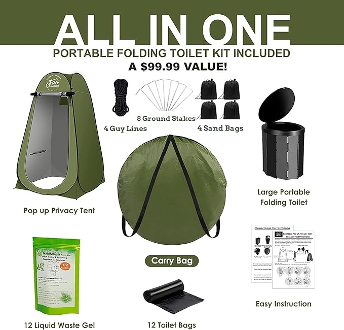 Portable Toilet Kit Adults, Pop Up Privacy Tent, X Large Camping Folding Toilet, 12 bags, 12 pack Liquid Waste Gel, Washable Foldable For Travel,RV, Outdoor