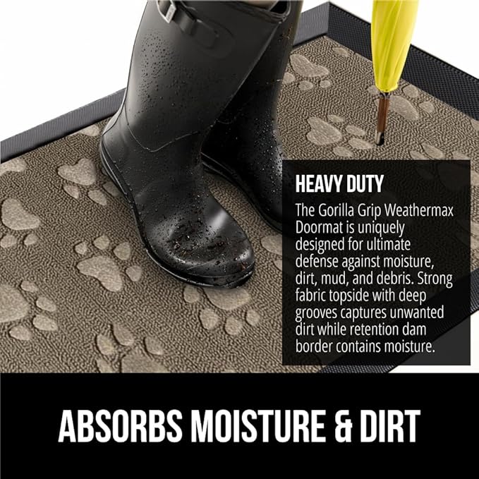GORILLA GRIP 100% Waterproof All-Season WeatherMax Doormat, 47x35, Durable Natural Rubber, Stain and Fade Resistant, Low Profile, Indoor Outdoor Door Mats, Easy Clean Patio Entry Mat, Tan Pawprints