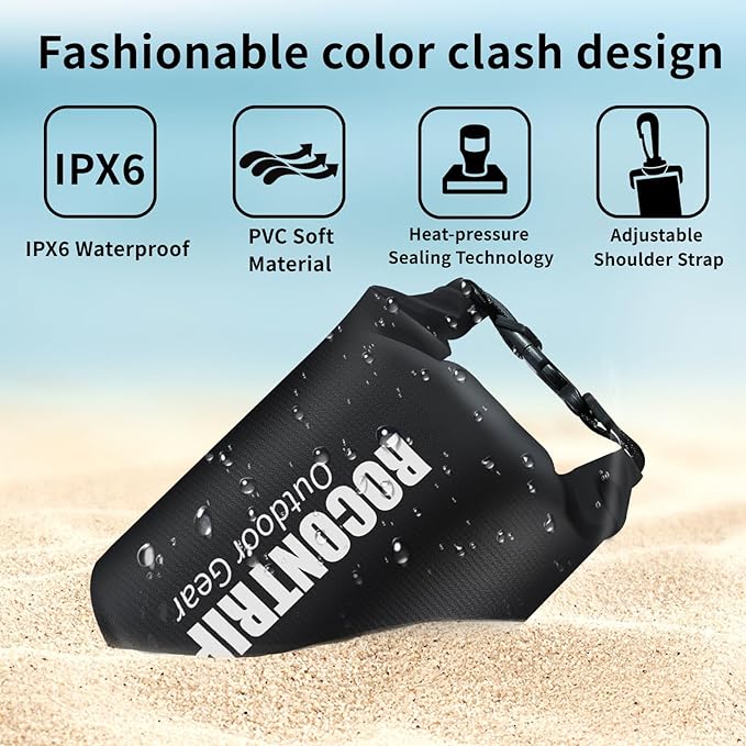 ROCONTRIP Waterproof Dry Bag Lightweight Waterproof Bag Portable Swimming Bag Travel Waterproof Dry Bag for Fishing Snorkeling Diving Boating Kayaking Hiking(GreyBlack, 2L)