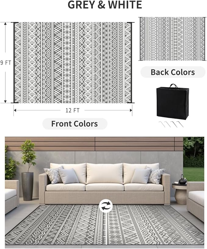 MontVoo Outdoor Rug Carpet Waterproof 9x12 Outdoor Patio Rug Mat Reverisble Plastic Straw Outdoor Rug for RV Camping Picnic Beach Balcony Boho Grey Large