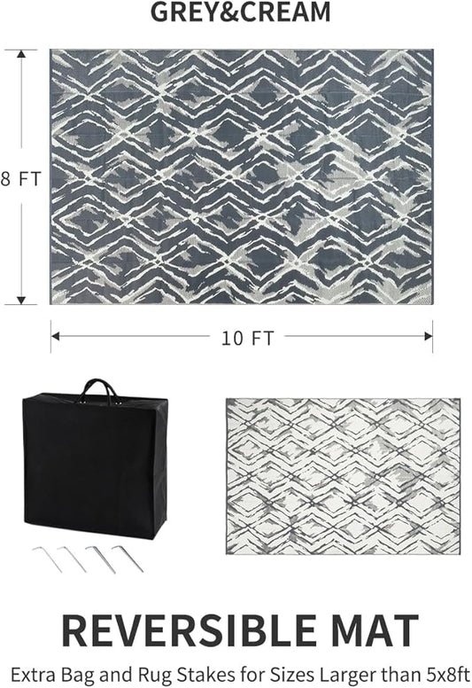 MontVoo Outdoor Rug 8x10 Waterproof-Patio Rug Mat Outdoor Carpet Reversible RV Camping Picnic Plastic Straw Rug Outside Outdoor Area Rug for Balcony Deck Backyard Patio Decor Modern Abstract