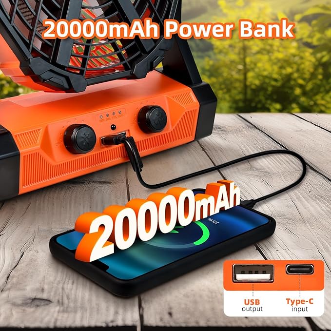 Camping Fan Ventilador Recargable 20000mAh Battery Operated With LED Lantern/Hook/Remote Auto Oscillating 60 Hrs Work Cordless Tent Fan for Emergency, Camping, Outdoor