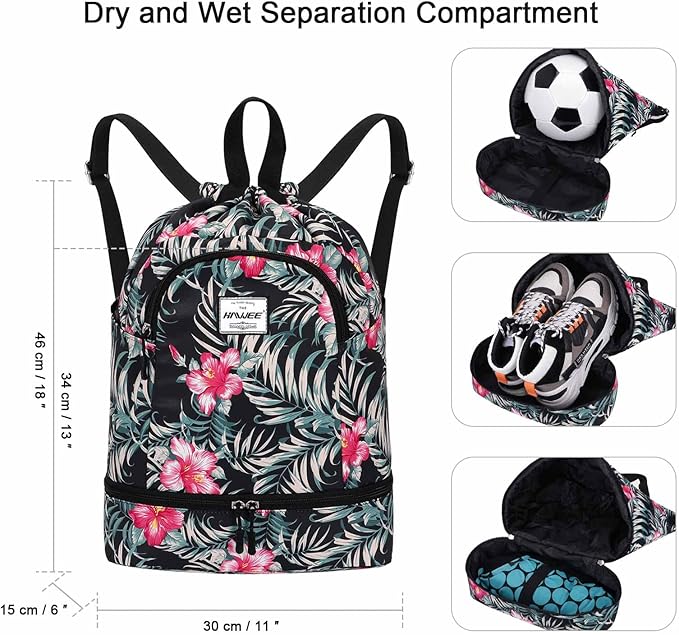 Dry Wet Drawstring Backpack with Shoe Compartment for Women Adjustable Gym Bag