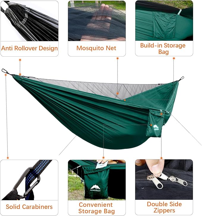 Camping Hammock - Portable Hammock with Mosquito Net, Lightweight Backpacking Hammocks Swing Camping Accessories for Indoor, Outdoor, Beach, Backyard, Patio, Travel, Hiking