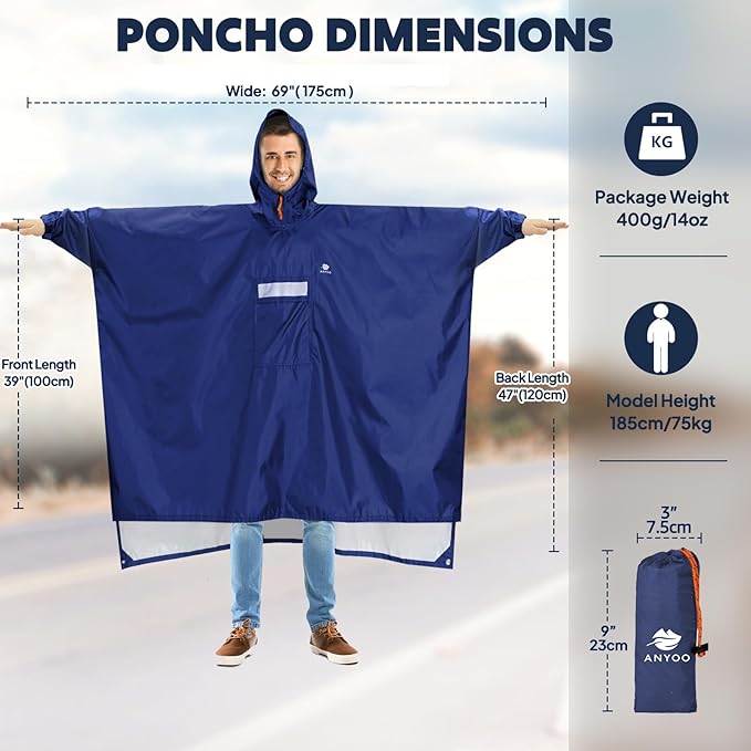 ANYOO Hooded Rain Poncho for Adults Waterproof Lightweight Rain Coat for Men Women Reusable Rain Jacket for Emergency Outdoor