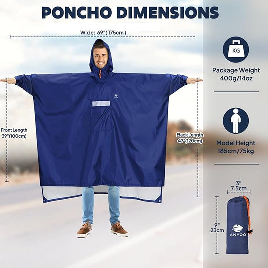 ANYOO Hooded Rain Poncho for Adults Waterproof Lightweight Rain Coat for Men Women Reusable Rain Jacket for Emergency Outdoor