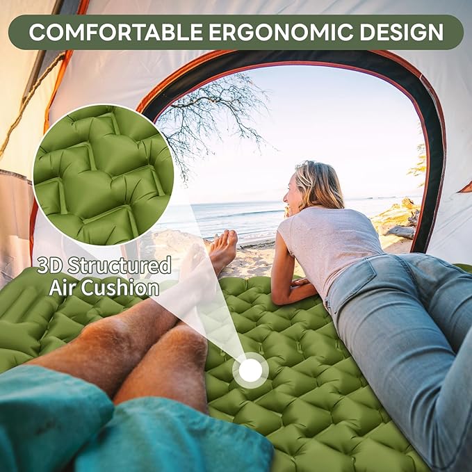 Double Inflatable Sleeping Pad for 2 Person - Ultralight Air Mattress with Built-in Foot Pump, Durable Waterproof Camping Pad for Couples, Backpacking, Hiking (Green)