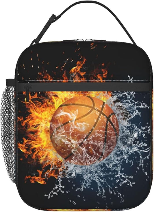 Fire And Water Basketball Portable Lunch Box, Cooler Bags Insulated Thermal Lunch Tote Bag with Shoulder Strap For Women Men Adults Work Travel