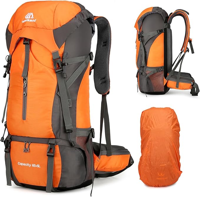 ShowyLive 70L Hiking Backpack - Lightweight Waterproof Travel Backpack for Men & Women, Large Camping Bag with Rain Cover & Adjustable Straps (Orange)