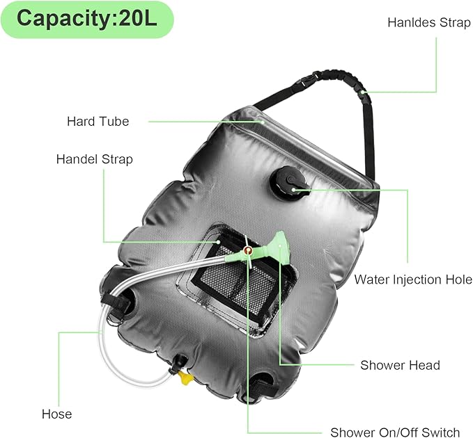 Solar Shower Bag | 5 Gal/20L Solar Heating Camping Shower Bag | Removable Hose | On-Off Switchable Shower Head | Ducha Portatil | Traveling Shower | Portable Shower for Beach Swimming, Hiking