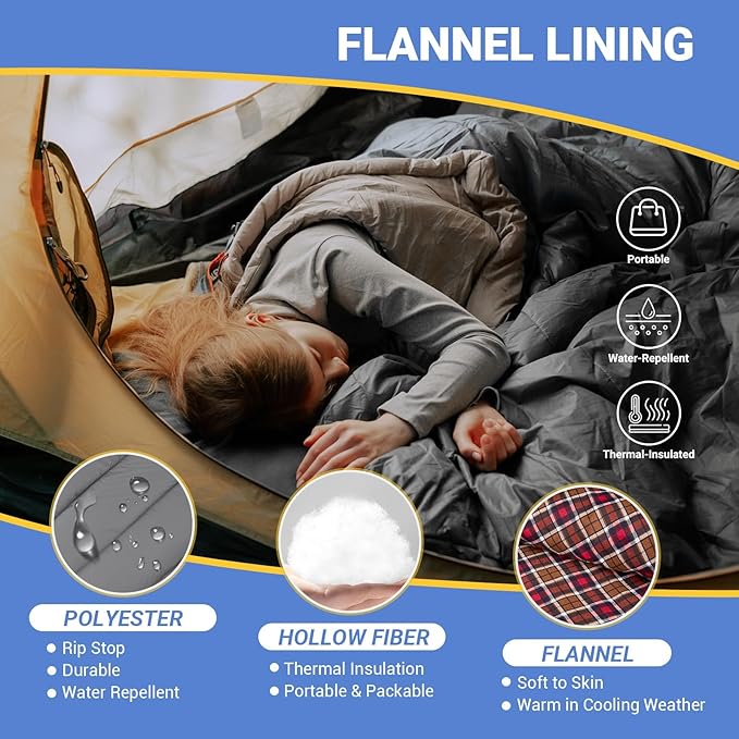KingCamp Sleeping Bag for Adults, Cold Weather & Warm Extra Wide Big & Tall XL Portable Waterproof Flannel Sleeping Bags, Essentials Gear Accessories for Camping Backpacking Hiking Indoor & Outdoor