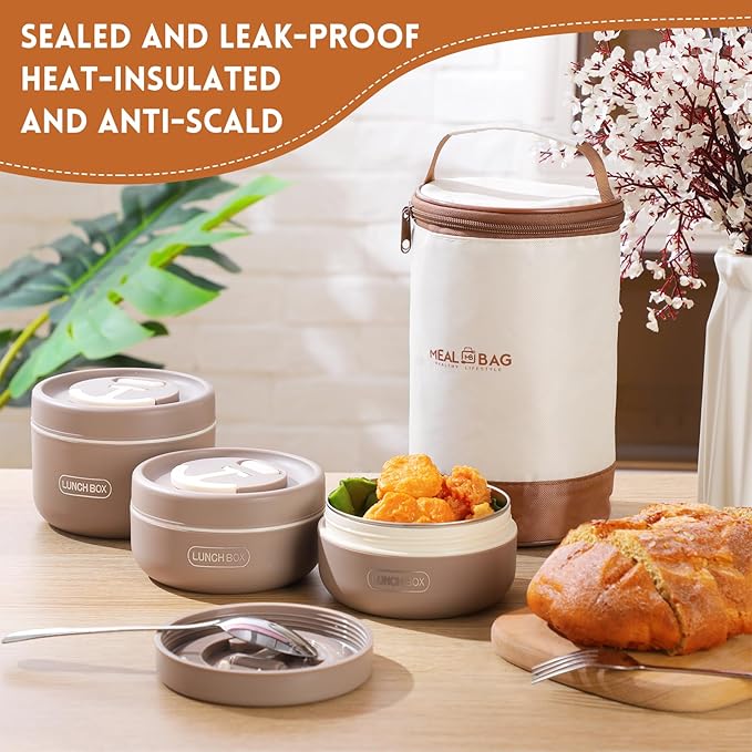 Dandat 3 Pcs Portable Insulated Lunch Container Set for Adult kids, Stackable Stainless Steel Bento Box for Hot Food with Insulated Lunch Bag Unisex 3 Separate Thermal Food Container(Khaki)