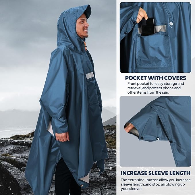 ANYOO Hooded Rain Poncho for Adults Waterproof Lightweight Rain Coat for Men Women Reusable Rain Jacket for Emergency Outdoor