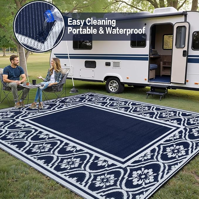RV Outdoor Rug Waterproof Mat 9'x12' Camping Carpet Blue Outside Area Rugs Reversible Rugs for Deck Entryance Porch Picnic Balcony Beach