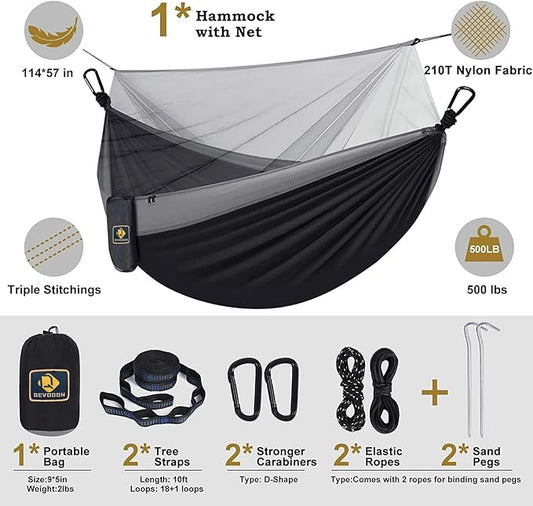 Camping Hammock with Net,Portable Lightweight Double Hammocks with Tree Straps and Solid D-Shape Carabiners,Parachute Nylon Hammock for Backpacking Beach Backyard Patio Hiking Black&Grey