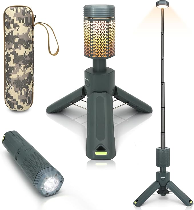 Telescopic Camping Lights, Rechargeable 10500mAh Camping Lantern with Storage Bag, Waterproof LED Camp Lamp with Magnetic, Portable Outdoor Tent Light for Hiking,Emergency,Fishing (Gray)