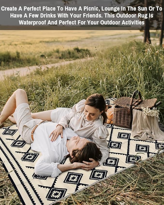 LILIOFFIC Outdoor Rugs - Reversible Mats, 5'x8' Plastic Straw Rug for Patio Clearance Waterproof, Indoor Outdoor Area Rug Carpet for Outside, RV, Deck, Picnic, Beach, Trailer, Camping(Black & Beige)