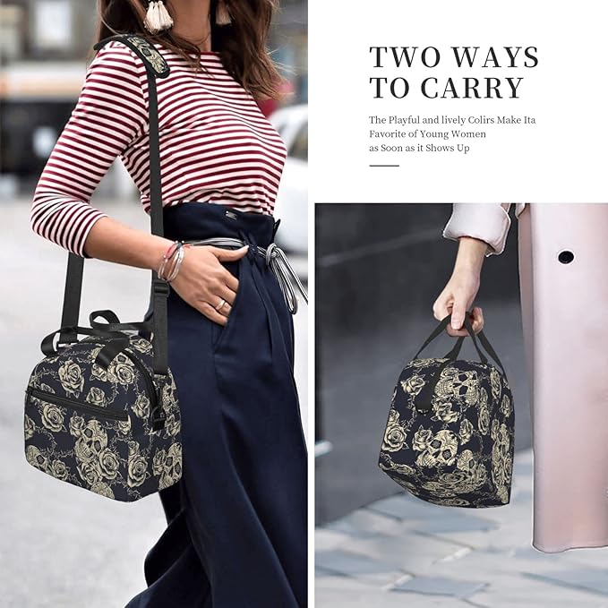 bassyil Skull Insulated Lunch Bag Reusable Lunch Box With Adjustable Shoulder Strap Cooler Tote Bag For Men Women