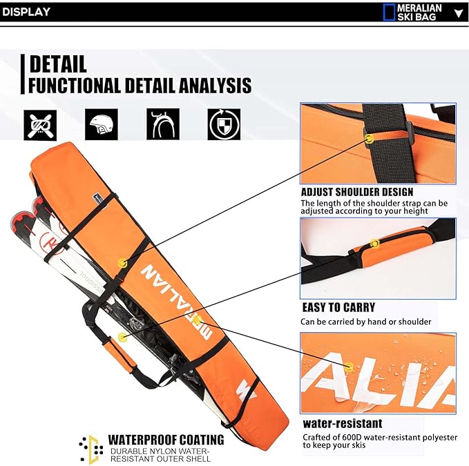 Padded Ski Bag,Waterproof Full Padded Single Ski Travel Bag with Adjustable Shoulder Strap.