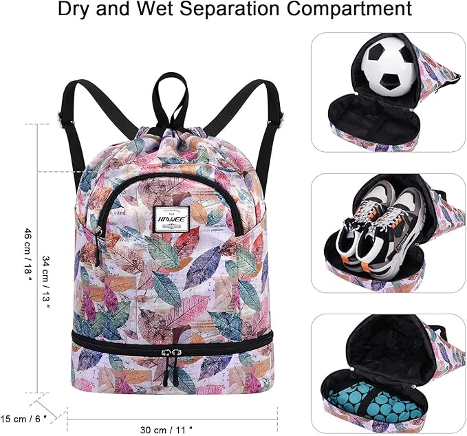 Dry Wet Drawstring Backpack with Shoe Compartment for Women Adjustable Gym Bag