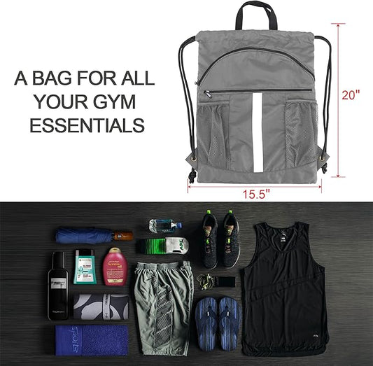 BeeGreen Drawstring Backpack Bag with Shoe Compartment, X-Large Black Gym Sports String Cinch Backpack