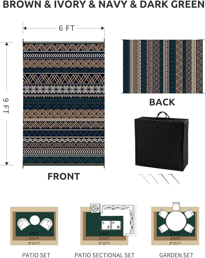 MontVoo Outdoor Rug Carpet Waterproof-Patio Rug Mat 6x9 Reversible RV Camping Rug Picnic Mat Plastic Straw Outside Rug for Balcony Porch Deck Beach-Boho Outdoor Area Rug for Patio Decor Colorful