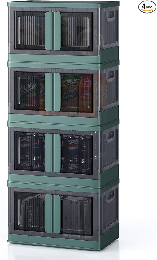8.4Gal Collapsible Storage Bins with Lids & Wheels - 4 Pack Stackable with Doors, Heavy-Duty Plastic Containers for Home/Office, Green