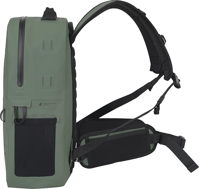 Breakwater Supply™ River Ute Waterproof IP68 Fishing Backpack, Floating TPU Submersible Dry Bag with Padded Hip Belt and Airtight Zippers | 20L (River Ute 20L Marsh Green)