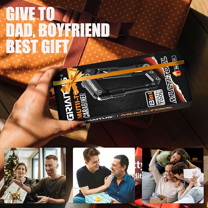 Carabiner Multitool with Pocket Knives, EDC Carabiners, Serrated Knife, Rope Cutter, Screwdriver, Can Bottle Opener, Ruler, Folding Knife for Camping Hiking, Gifts for Men (Orange)