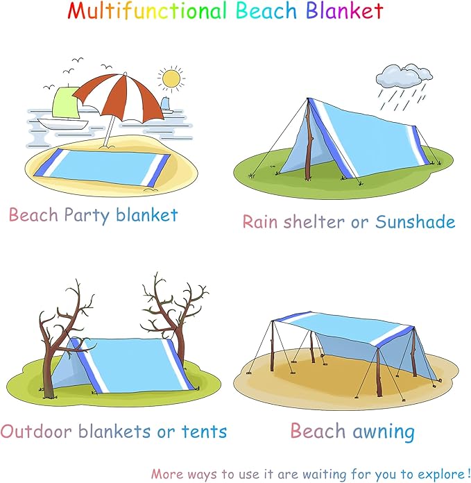 BYDOLL Beach Blanket Waterproof Sandproof 78''×81'' 1-7 Adults Oversized Lightweight Large Picnic Mat Waterproof Sandproof Blanket for Beach