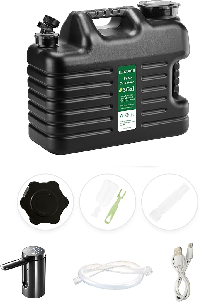 Portable 5 Gallon Water Jug with Automatic Touch Control Pump,Truly No Leakage Water Container with Spigot,Type-C Rechargeable Black Water Pump Gear for Outdoors Camping Hiking