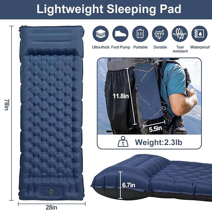 Camping Sleeping Pad, 50D Extra Thickness 4.7 Inch Inflatable Sleeping Mat Lightweight Waterproof Camping with Built-in Pump Air Mattress for Backpacking, Hiking, Tent, Traveling (Blue+Grey)