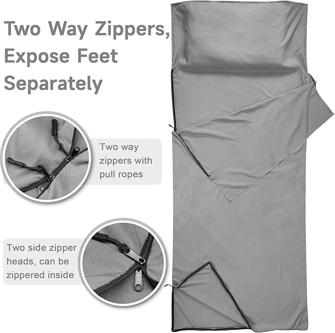 Sleeping Bag Liner, Self Tan Sleep Sack, Adult Sleep Sack, Two-Way-Zipper Expose Feet Separately, Portable Single Camping Travel Sheets for Hotel,Hostels,Business Trips