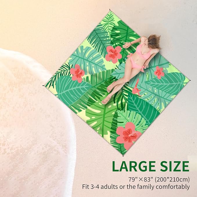 Beach Blanket Waterproof Sandproof Large Beach Mat 79" X 83" for 2-4 Adults Sand Free Mat Quick Drying,Lightweight & Durable with 4 Stakes & 4 Corner Pockets for Beach Travel Camping Hiking.(Green)