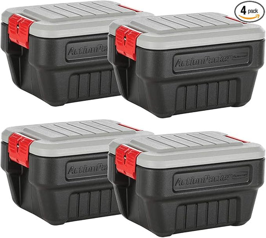 Rubbermaid® ActionPacker®️ 8 Gal Lockable Storage Box Pack of 4, Outdoor, Industrial, Rugged, Grey and Black