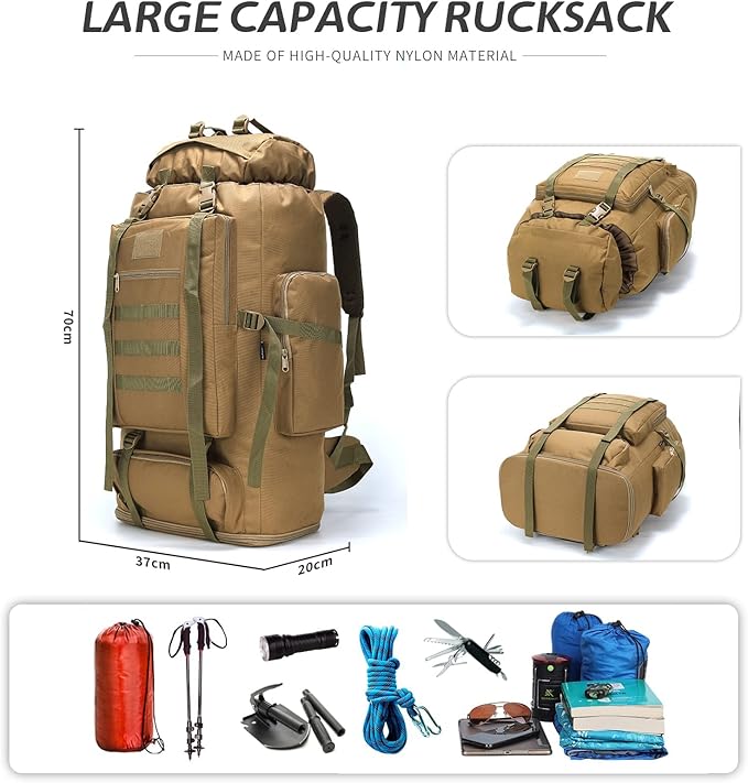70L/100L Hiking Camping Backpack MOLLE Rucksack Waterproof Daypack for Traveling (Khaki)