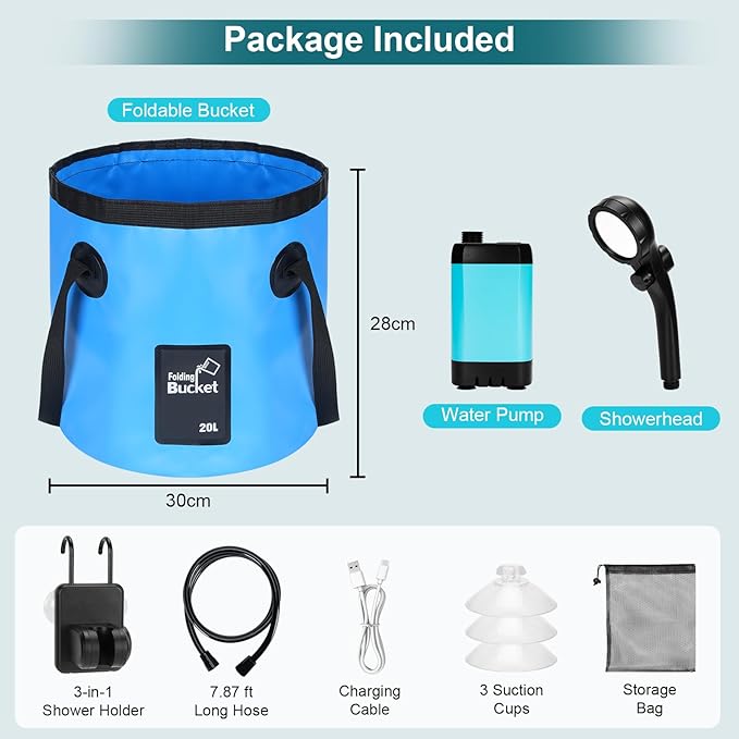 Portable Shower for Camping with 20L / 5.28 Gallons Foldable Bucket, 7800mAh Rechargeable Shower Pump, Outdoor Shower Kit with Digital Display for Hiking, Travel, Car, Pet