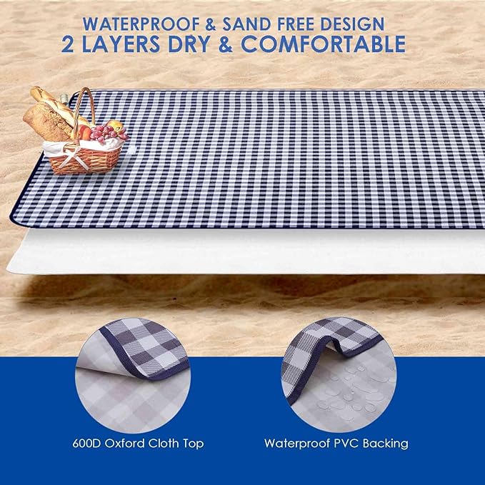 Picnic Beach Blanket Extra Large, XL Sandproof Waterproof Outdoor Camping Blankets 80x60in, Sand Free Oversized Mat, Quick Drying Portable Mats for Travel, Hiking, Music Festival, Lawn-Dark Blue