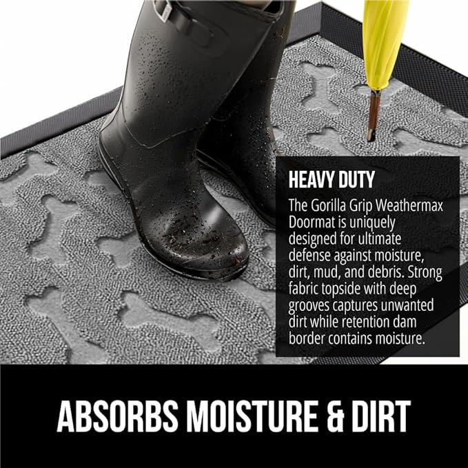 GORILLA GRIP 100% Waterproof All-Season WeatherMax Doormat, 47x35, Durable Natural Rubber, Stain and Fade Resistant, Low Profile Indoor Outdoor Door Mats, Easy Clean Patio Entry Mat, Light Gray Bones