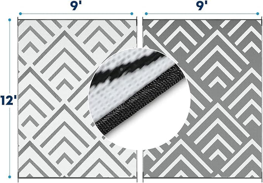 Kohree RV Outdoor Rug 9x12 Reversible, Waterproof Patio Mat with 4 Stakes & UV Fade Resistant, Non-Slip Outdoor Camping Mat for Deck, Picnic, Backyard, Includes Carry Bag (Grey & White)