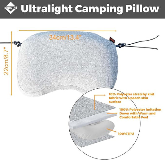 onewind Ultralight Camping Pillow, Soft Inflatable Pillow Compressible Ergonomic Neck Air Pillow with Removable Elastic Cord for for Hammock Tent Sleeping Pad Attachment, Gery