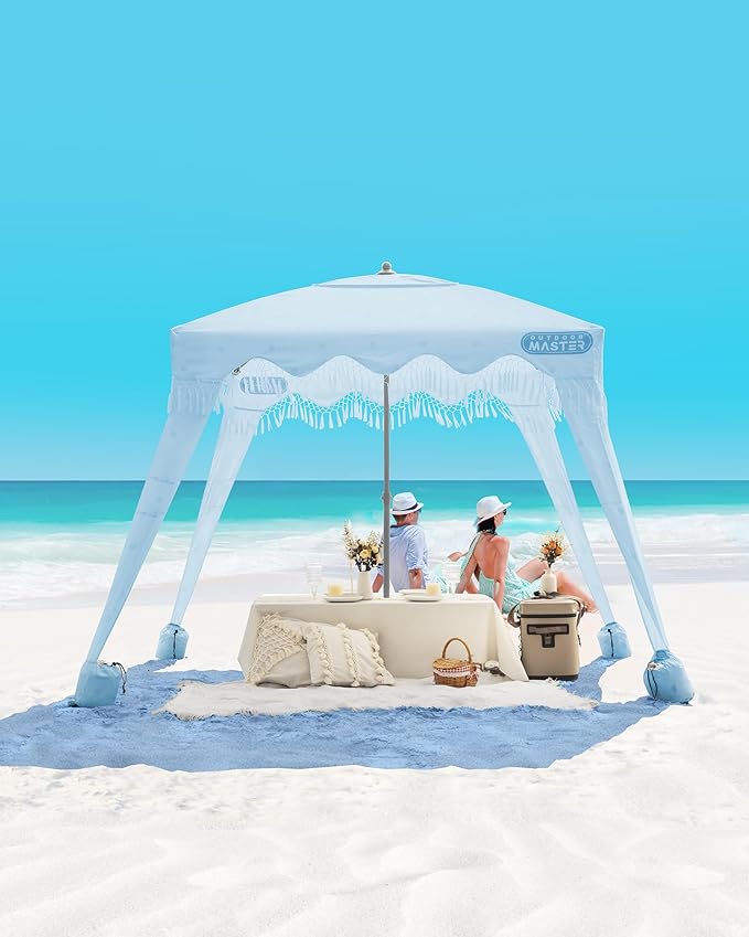 OutdoorMaster Beach Cabana with Fringes, Portable 6' x 6' Beach Canopy for Sand, Easy Set Up Sun Shelter, Included Side Wall, UPF 50+ UV Protection Sun Umbrella - for Family & Friends -Wave Point