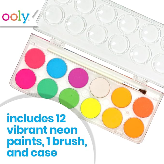 Ooly, Chroma Blends Neon Watercolor Paint Set, Watercolor Pack for Creative Kids and Adults, Bright Neon Colors in a Portable Case, Art Supplies for Ages 6 and Up, Brush Included