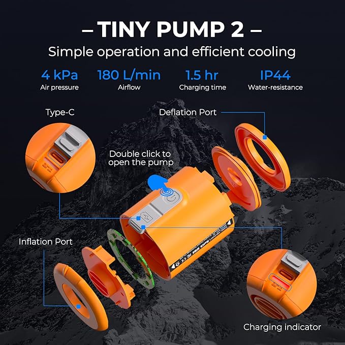 FLEXTAILGEAR Portable Air Pump - Tiny Pump 2, Electric Air Pump for Inflatables 2.8oz Battery Inflator Rechargeable Air Mattress Pump for Sleeping Pads, Pool Floats, Swimming Rings Orange