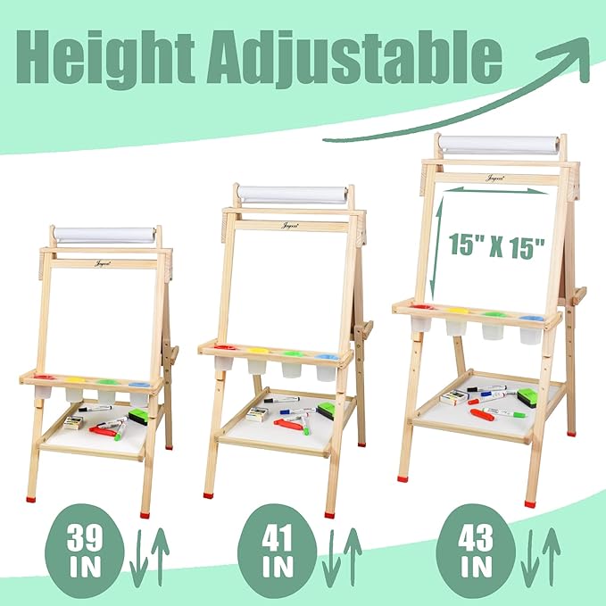 Joyooss Art Easel for Kids with Double-Sided Magnetic, Wooden Standing Kids Easel with Dry Erase Whiteboard & Chalkboard, Height Adjustable Children Easel with Paper Roll, Bonus Toddler Art Supplies
