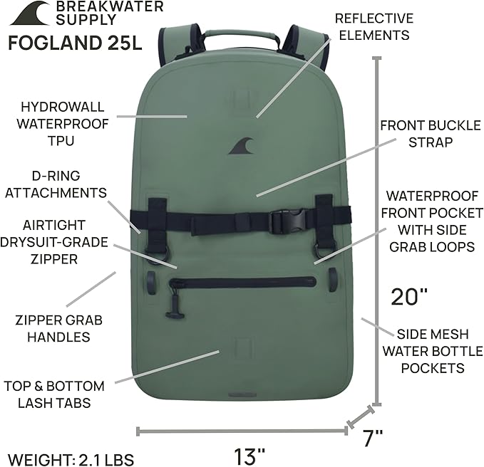 Breakwater Supply™ 100% Waterproof Submersible Backpack, Laptop Bag, Airtight Zippers | Travel Outdoors | Fogland 25L 20L 15L