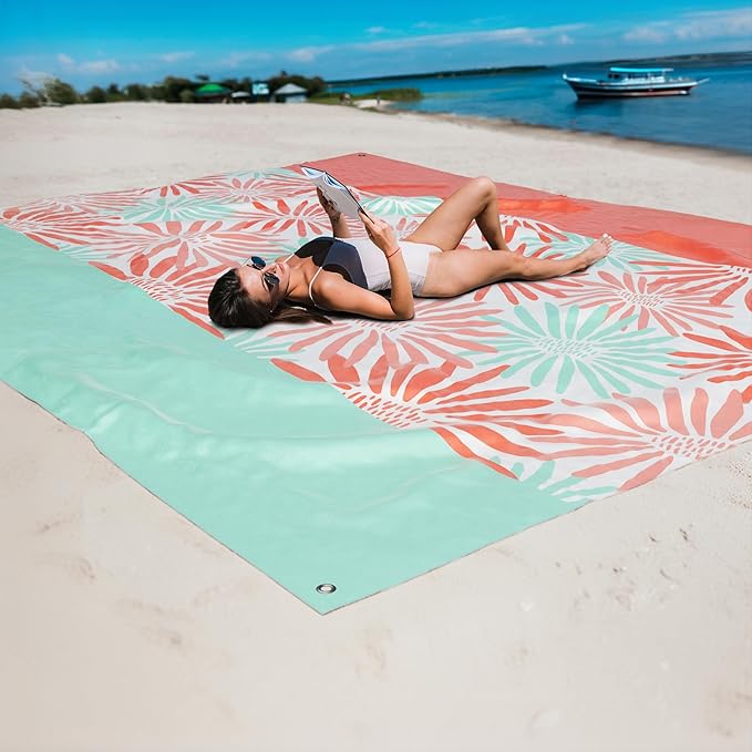 Mooreeke Beach Blanket Extra Large Oversized 9 x 8 ft, Colorful Flowers Sandproof Waterproof Quick Drying Lightweight Compact Outdoor Blanket Beach Mat for Family Travel Camping Picnic, 1-8 Adults
