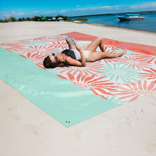 Mooreeke Beach Blanket Extra Large Oversized 9 x 8 ft, Colorful Flowers Sandproof Waterproof Quick Drying Lightweight Compact Outdoor Blanket Beach Mat for Family Travel Camping Picnic, 1-8 Adults