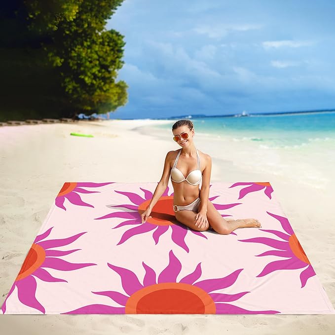 Large Beach Blanket Waterproof Sandproof, 9×10 FT Beach Mat Sand Free for 2-8 Adults with Stakes and Sand Pocket, Foldable Picnic Blankets for Outdoor, Camping Hiking, Vacation Essentials-Boho Sunset